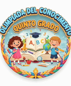 Insignia con el texto "Olimpiada del Conocimiento Quinto Grado", que muestra a una niña y un niño sonrientes que sostienen lápices, un libro con las letras del abecedario, un globo terráqueo y artículos escolares, todo ello rodeado de una colorida cenefa trenzada y una antorcha en la parte inferior.