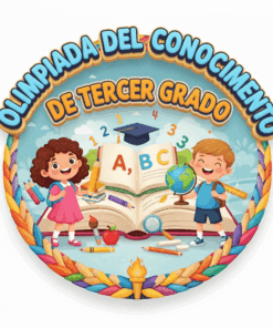 Inicio 12 Insignia con el texto "Olimpiada del Conocimiento de Tercer Grado", dos niños sonrientes, un libro abierto con el abecedario, los números, el globo terráqueo y material escolar, enmarcado por una cenefa de colores con una antorcha en la parte inferior.