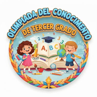 Insignia con el texto "Olimpiada del Conocimiento de Tercer Grado", dos niños sonrientes, un libro abierto con el abecedario, los números, el globo terráqueo y material escolar, enmarcado por una cenefa de colores con una antorcha en la parte inferior.
