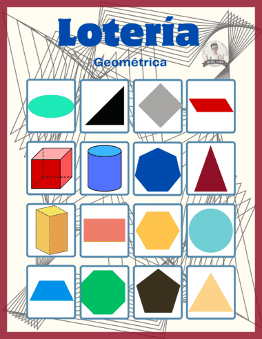 Tarjeta de lotería titulada "Geométrica" con una cuadrícula de 16 casillas que muestran diversas formas geométricas, como círculos, cubos, pirámides, hexágonos y más. El fondo presenta motivos lineales abstractos.