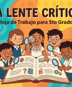 Cinco niños sonrientes miran un libro abierto con lupas. El fondo es colorido con dibujos y flores. El texto dice: "La lente crítica. Hoja de trabajo para 5to Grado.