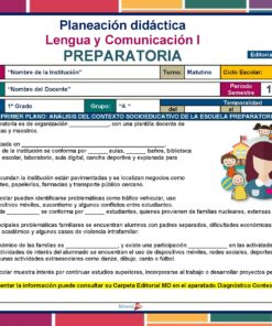Colorida plantilla de plan de clase en español para una clase de lengua y comunicación de secundaria, que muestra secciones para información escolar, objetivos, actividades de aprendizaje, evaluación y observaciones, con alumnos de dibujos animados e iconos educativos.