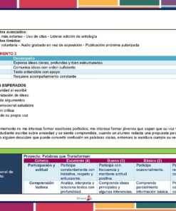 Una tabla de rúbricas en español para evaluar la escritura de los estudiantes, dividida en categorías: Excelente, Bueno, Básico e Inicial, con filas codificadas por colores para las habilidades y los resultados esperados. Incluye una reflexión e información sobre el proyecto.