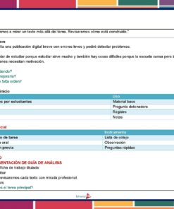 Un plan de clase en español con secciones para la activación, la evaluación inicial, los recursos y la fase de desarrollo, que incluye objetivos, materiales y actividades para analizar un texto profesional en clase.