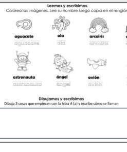 Hoja de ejercicios en español con doce imágenes en blanco y negro: abeja, aguacate, ala, arco iris, coche, árbol, astronauta, ángel, avión, araña, con espacio para escribir cada palabra, y un recuadro en blanco para dibujar tres elementos que empiecen por 