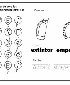 Hoja de ejercicios en blanco y negro con globos que contienen varias letras. Las instrucciones piden a los usuarios que coloreen sólo los globos con 