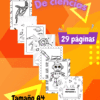 Colorida imagen promocional de un libro español de actividades científicas para niños, titulado "Libro de ciencias". Muestra varias páginas ilustradas en blanco y negro, menciona "29 páginas" y "Tamaño A4", y destaca actividades científicas creativas.
