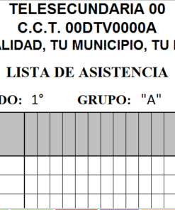 Una plantilla de lista de asistencia para una Telesecundaria, titulada 