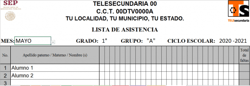 Una plantilla de lista de asistencia para una Telesecundaria, titulada "LISTA DE ASISTENCIA", con encabezados que incluyen el nombre de la escuela, el grado, el grupo y el año escolar 2020-2021. Columnas para números de estudiantes, nombres y ausencias totales.