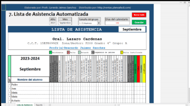 Captura de pantalla de una Lista de Asistencia Automatizada del colegio "Gral. Lázaro Cárdenas" de septiembre de 2023, administrada por el "Prof. Gerardo Jaimes Sánchez". La lista de asistencia incluye los nombres de los estudiantes y el estado de asistencia, con opciones para seleccionar el año, mes, tamaño del grupo, día y guardar o editar la lista.