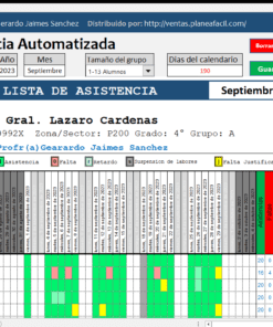 Una captura de pantalla de una Lista de Asistencia Automatizada para una escuela. La lista incluye detalles como el nombre de la escuela, 