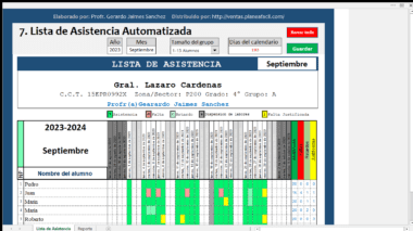 Una captura de pantalla de una Lista de Asistencia Automatizada para una escuela. La lista incluye detalles como el nombre de la escuela, "Gral. Lázaro Cárdenas", y el mes, septiembre. Los nombres de los estudiantes aparecen a la izquierda, con registros de asistencia codificados por colores para cada día del mes.