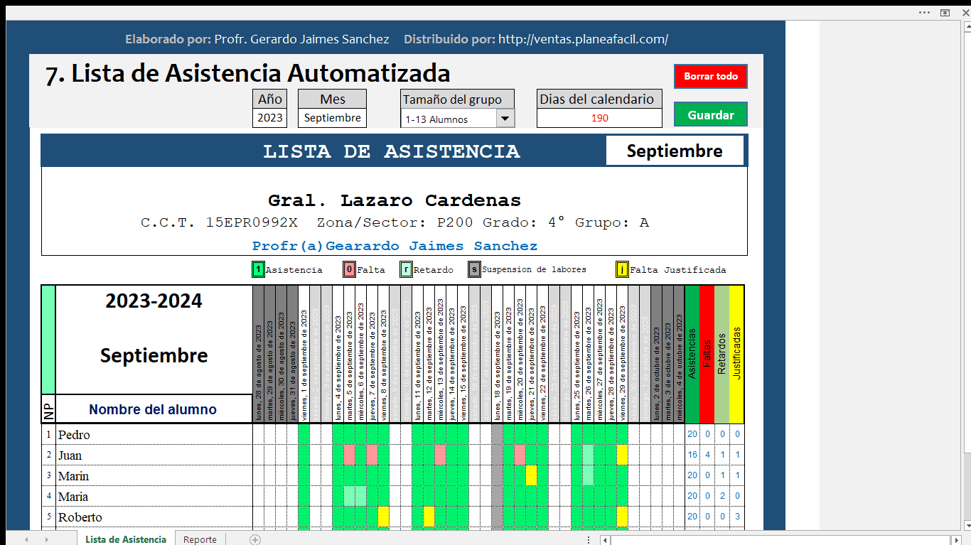 Una captura de pantalla de una Lista de Asistencia Automatizada para una escuela. La lista incluye detalles como el nombre de la escuela, "Gral. Lázaro Cárdenas", y el mes, septiembre. Los nombres de los estudiantes aparecen a la izquierda, con registros de asistencia codificados por colores para cada día del mes.