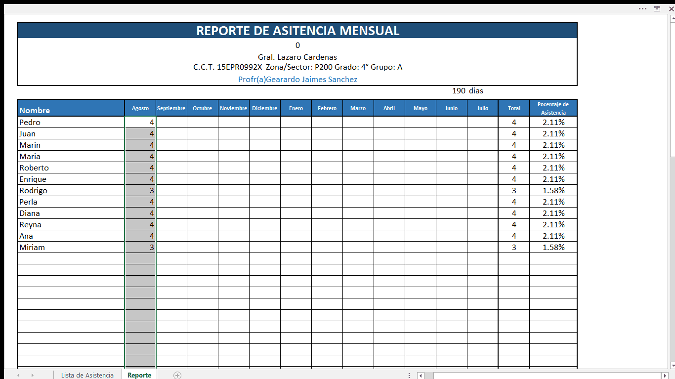 Captura de pantalla de un informe de asistencia mensual en español, titulado "REPORTE DE ASISTENCIA MENSUAL". La tabla, que presenta un sistema de Lista de Asistencia Automatizada, enumera nombres, meses (de septiembre a julio), asistencia diaria numerada del 1 al 5 y el porcentaje total de asistencia de cada estudiante.