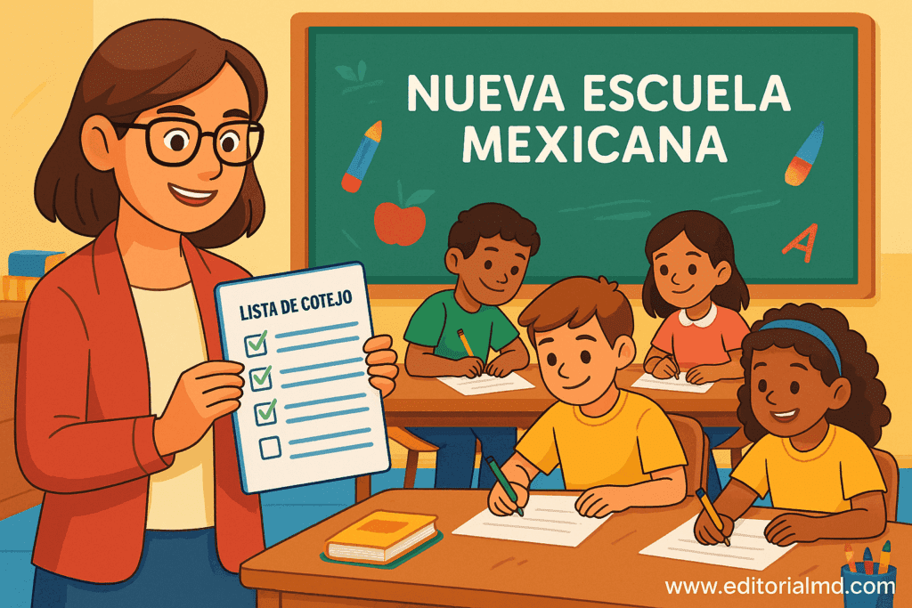 Ilustración de un profesor sonriente sosteniendo una Lista de Cotejo en un aula con cuatro alumnos diversos escribiendo en sus pupitres. En la pizarra detrás de ellos se lee "Nueva Escuela Mexicana".
