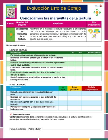Una colorida rúbrica en español titulada "Evaluación Lista de Cotejo". Evalúa la participación de los alumnos en un proyecto de lectura, con casillas de verificación para cada indicador y espacio para observaciones. Las secciones incluyen el objetivo del proyecto, los criterios y los comentarios.