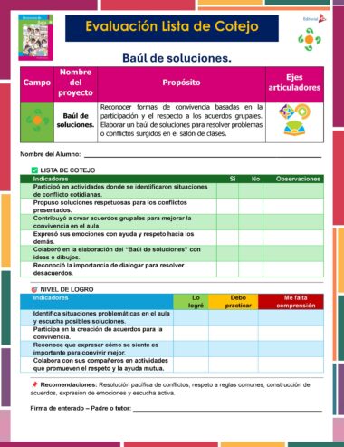 Una colorida lista de control titulada "Evaluación Lista de Cotejo: Baúl de soluciones" con indicadores para evaluar las habilidades de resolución de conflictos de los alumnos, incluyendo columnas para respuestas Sí/No y observaciones.