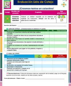 Lista de control para la redacción de textos colectivos de primer grado: evalúa la participación, la escucha, las propuestas creativas, la expresión emocional, el uso de recursos, la lectura en voz alta y el orden correcto de las palabras. Incluye indicadores y observaciones.