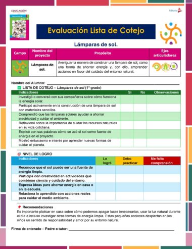 Lista de cotejo para evaluar el proyecto "Lámparas de sol", con criterios sobre la participación del estudiante, trabajo en equipo, comprensión y ahorro de energía, además de observaciones y nivel de logro.