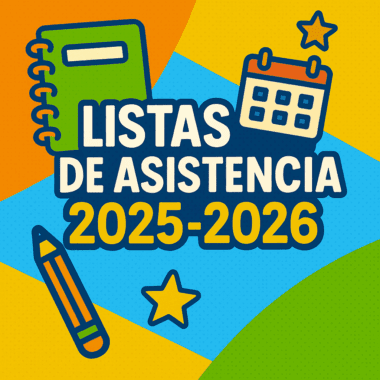 Gráfico colorido con un cuaderno verde, un lápiz naranja y un calendario, con el texto en español "Listas de Asistencia 2025-2026" rodeado de estrellas sobre un fondo brillante y geométrico.