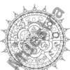 Mandala en blanco y negro con varios símbolos del tiempo, la naturaleza y las emociones en cada sección, como nubes, sol, fuego, lluvia, relámpagos, cajas de regalo y diferentes caras que muestran emociones.