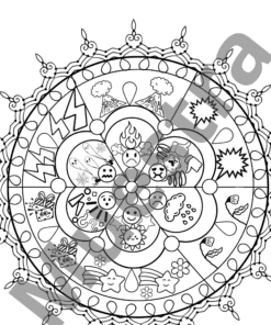 Mandala en blanco y negro con varios símbolos del tiempo, la naturaleza y las emociones en cada sección, como nubes, sol, fuego, lluvia, relámpagos, cajas de regalo y diferentes caras que muestran emociones.