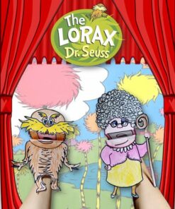 Dos marionetas de Dr. Seuss El Lorax Big Mouth en un escenario de teatro con un tema de Dr. Seuss de 