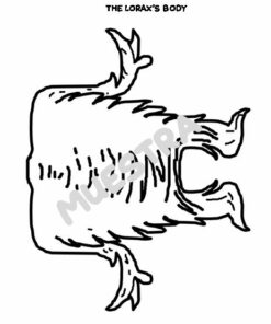 Un dibujo lineal en blanco y negro de Dr Seuss El Lorax Marionetas Big Mouth, que muestra una forma rectangular y peluda con extremidades cortas. La palabra 