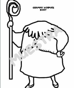 Un simple dibujo lineal en blanco y negro de una anciana con 