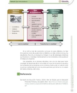 Infografía educativa sobre los ejes articuladores, mostrando cómo median entre la realidad cotidiana y el desarrollo de capacidades humanas en la educación, con ejemplos y resumen explicativo.