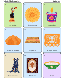 Una tarjeta de lotería temática del Día de Muertos con nueve cuadros ilustrados que muestran: La Catrina, flor de cempasúchil, veladora, pan de muerto, petate, papel picado, perro xoloitzcuintle, retrato y un tazón de sal.