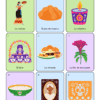 Tarjeta de lotería con coloridas ilustraciones para el Día de Muertos: La Catrina, pan de muerto, una vela, un altar, una ofrenda, una flor de caléndula, sal, un retrato y papel picado. Cada una está etiquetada en español.