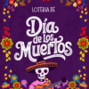 Colorido cartel de "Lotería de Día de los Muertos" con fondo morado, borde floral y un esqueleto con sombrero y sarape, tocando la guitarra. Tema festivo y vibrante de las fiestas mexicanas.