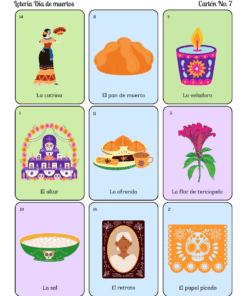 Tarjeta de lotería con coloridas ilustraciones para el Día de Muertos: La Catrina, pan de muerto, una vela, un altar, una ofrenda, una flor de caléndula, sal, un retrato y papel picado. Cada una está etiquetada en español.