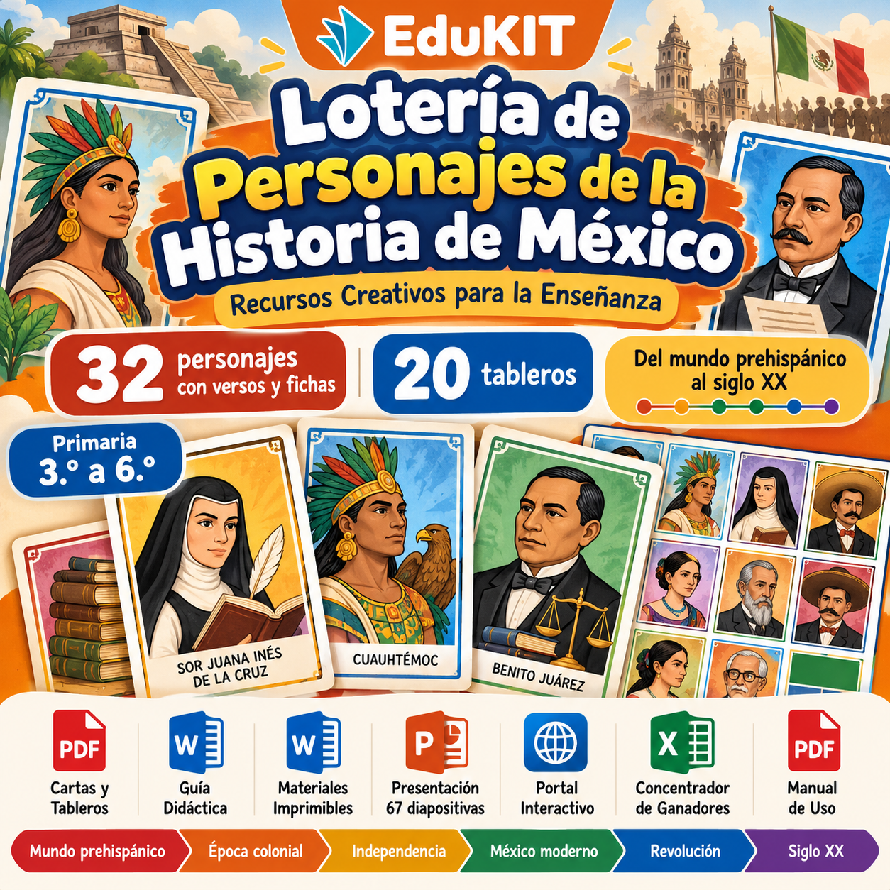 EduKIT Lotería de Personajes de la Historia de México para Primaria | 32 Personajes, 20 Tableros y Portal Interactivo 1 EduKIT Lotería de Personajes de la Historia de México para Primaria | 32 Personajes, 20 Tableros y Portal Interactivo