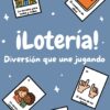 Fondo azul con estrellas blancas y cuatro tarjetas ilustradas. El texto del centro reza: "¡Lotería! Diversión que une jugando". Las tarjetas muestran la escuela, un cuaderno, niños y manos haciendo señas.