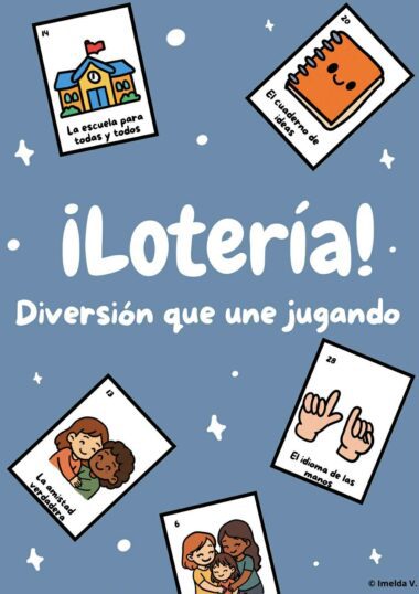 Fondo azul con estrellas blancas y cuatro tarjetas ilustradas. El texto del centro reza: "¡Lotería! Diversión que une jugando". Las tarjetas muestran la escuela, un cuaderno, niños y manos haciendo señas.