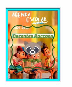 Cartel promocional de una agenda escolar con personajes animados, una niña y un niño sentados sobre libros, con la etiqueta 
