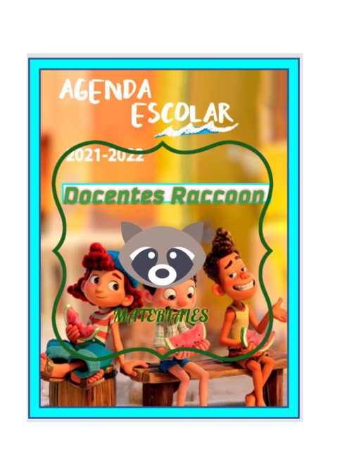 Cartel promocional de una agenda escolar con personajes animados, una niña y un niño sentados sobre libros, con la etiqueta "Agenda Luca Primaria 2021-2022" con el texto "Docentes Mapache" y "Matemáticas".