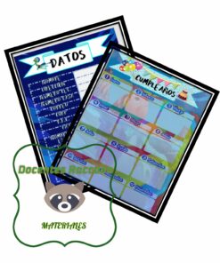 Dos imágenes superpuestas que se asemejan a tableros digitales; uno enumera los datos de Agenda Luca Primaria con detalles en azul y el otro muestra un calendario de cumpleaños con fotos y nombres en un diseño de cuadrícula, acompañado de íconos de dibujos animados.