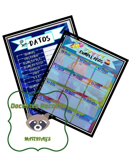 Dos imágenes superpuestas que se asemejan a tableros digitales; uno enumera los datos de Agenda Luca Primaria con detalles en azul y el otro muestra un calendario de cumpleaños con fotos y nombres en un diseño de cuadrícula, acompañado de íconos de dibujos animados.