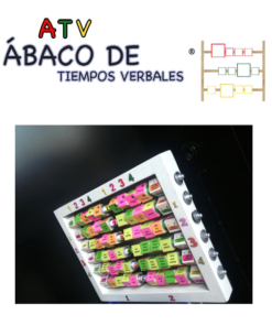Imagen de una portada titulada "ÁBACO DE TIEMPOS VERBALES MANUAL (INGLÉS 1)" que presenta un ábaco colorido con teclas etiquetadas en un libro etiquetado "manual (inglés 1)" del autor Jorge.