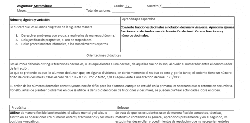 Una captura de pantalla que muestra una tabla de un documento educativo titulado "matemáticas", que detalla el número de sesión, los temas, los aprendizajes esperados, las actividades y las estrategias pedagógicas para convertir fracciones a decimales en el grado 12.