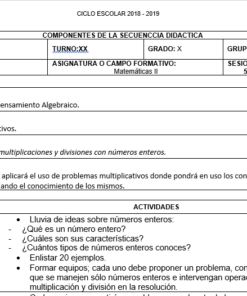 Un documento educativo que describe un plan de lección para una clase de expresiones numéricas, que incluye detalles como el año escolar, componentes y actividades como resolver problemas de multiplicación y reconocer propiedades numéricas.