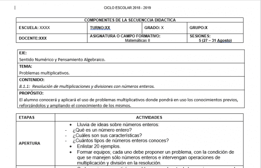 Un documento educativo que describe un plan de lección para una clase de expresiones numéricas, que incluye detalles como el año escolar, componentes y actividades como resolver problemas de multiplicación y reconocer propiedades numéricas.