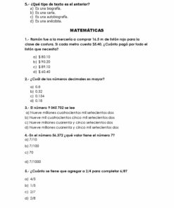 Imagen en blanco y negro que muestra un Examen Septiembre Sexto Año con texto y preguntas de opción múltiple relacionadas con literatura y matemáticas. Las preguntas están en español y los temas incluyen análisis de texto, estimación de construcciones y lectura básica de números.