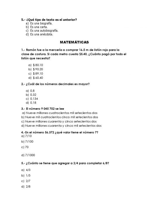 Imagen en blanco y negro que muestra un Examen Septiembre Sexto Año con texto y preguntas de opción múltiple relacionadas con literatura y matemáticas. Las preguntas están en español y los temas incluyen análisis de texto, estimación de construcciones y lectura básica de números.