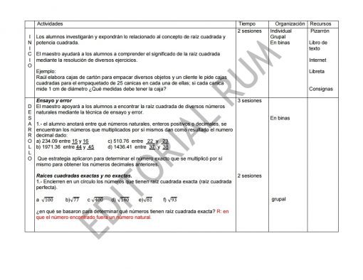 Una imagen de una hoja de trabajo escolar estructurada sobre las actividades de Planeaciones Secundaria Matemáticas 2 (Trimestre 2) 2021-2022, dividida en columnas con títulos como "actividades", "temporada", "organización", "recursos" y encabezados para enumerar instrucciones y métodos. .