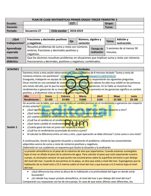 Un documento educativo titulado "PLAN 2017 Nuevo Modelo Educativo" en español, que detalla materias de clase, objetivos, temas, actividades.