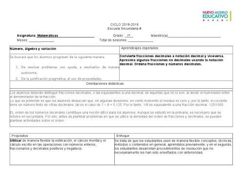 Captura de pantalla de un documento educativo en español para "Planeaciones Matematicas 1 Secundaria (Plan 2011) 2do. Trimestre" que muestra logotipos de escuelas y secciones etiquetadas en